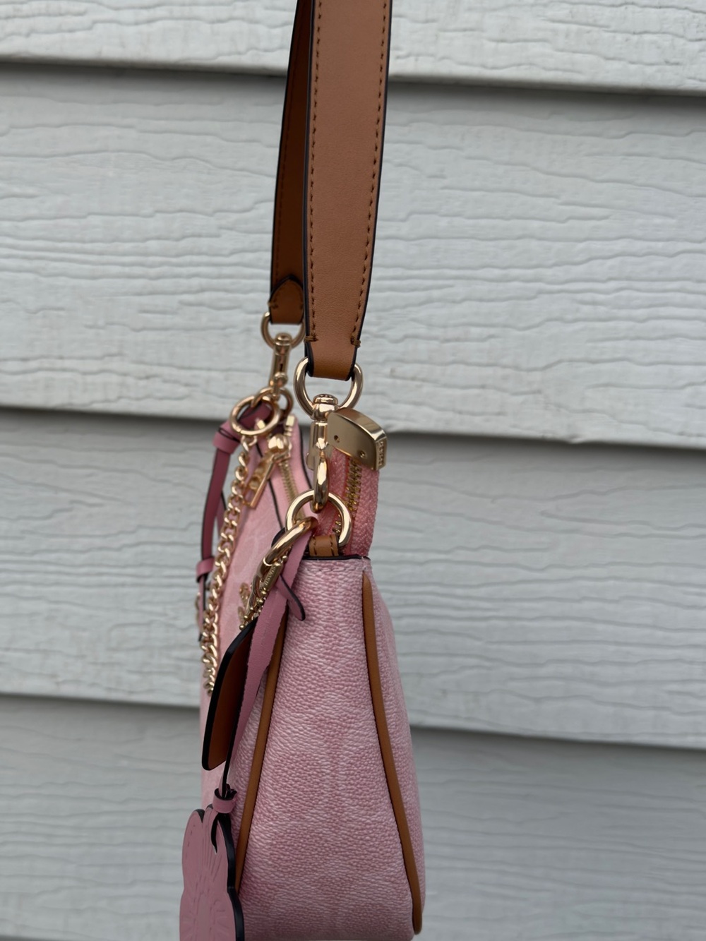 COACH Pink Teri Charm Signature Chain Shoulder Bag with Floral Charm - Picture 6 of 9